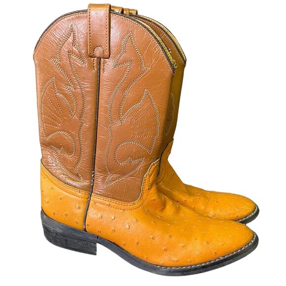 Acme Cowboy Boots Vintage Faux Ostrich Size 4.5 Orange Brown 90s Western Rodeo - Picture 1 of 9